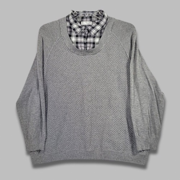Kim Rogers Curvy Sweater Built-in Plaid Flannel Hem/Collar Long Sleeves Gray 3X - Picture 1 of 7